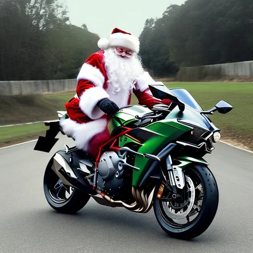 Prompt: Santa on a Kawasaki Ninja H2R motorcycle.genuine