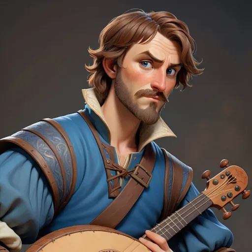 Prompt: Heroic handsome bard with with short brown hair and a short beard, holding a lute and wearing a daek blue doublet