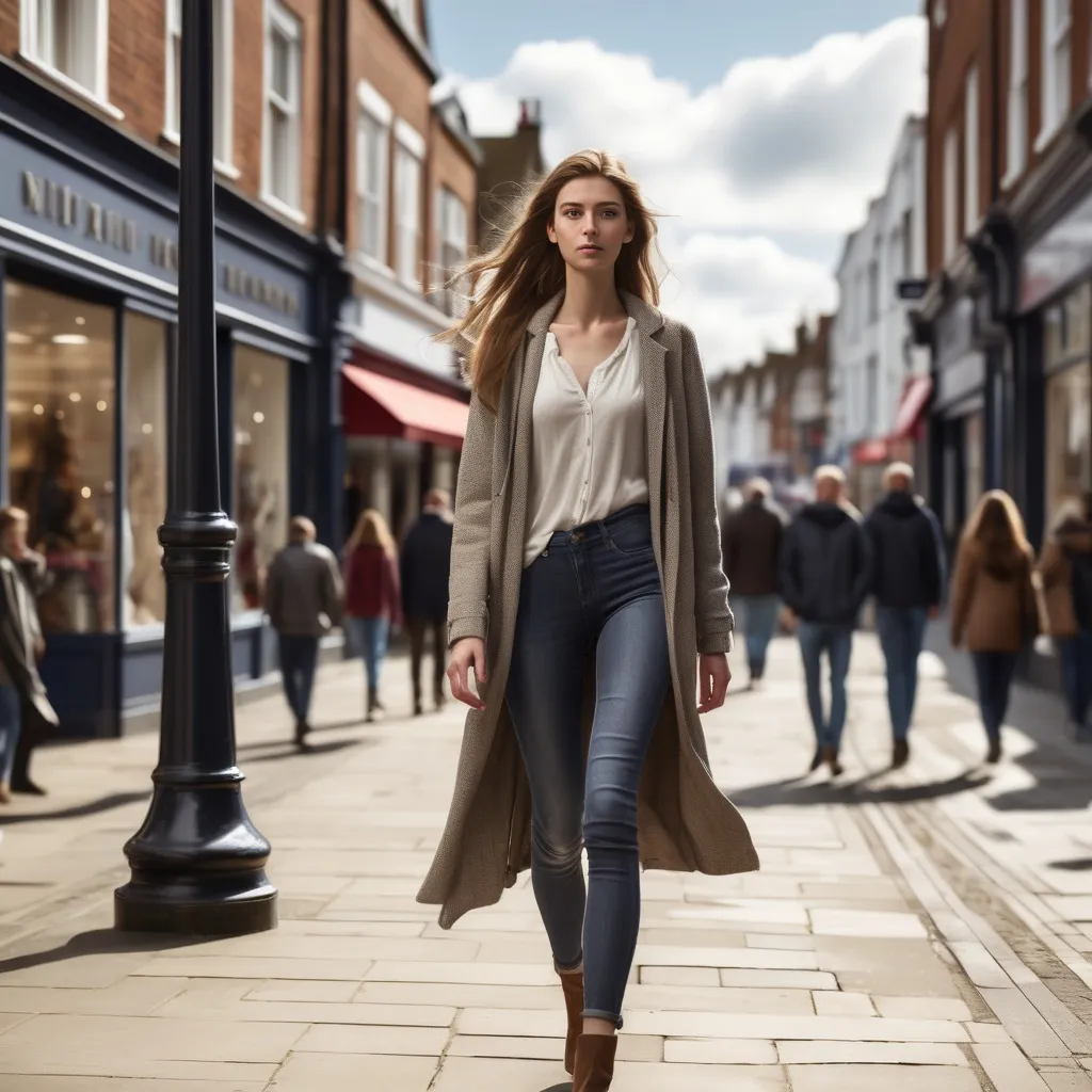 Prompt: Tall young woman walking down the high street, detailed clothing, realistic, natural lighting