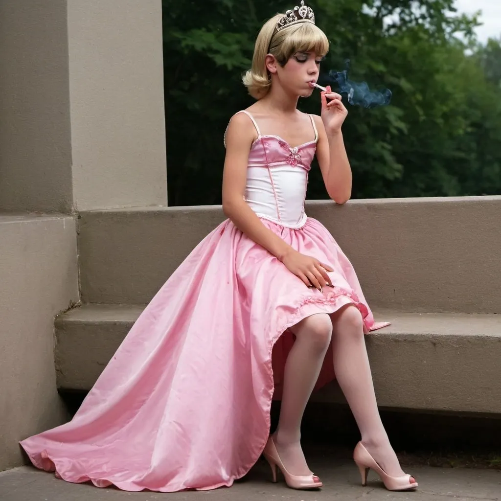 Prompt: young boy crossdressing, smoking a cigarette, in a long Princess dress and Heels
