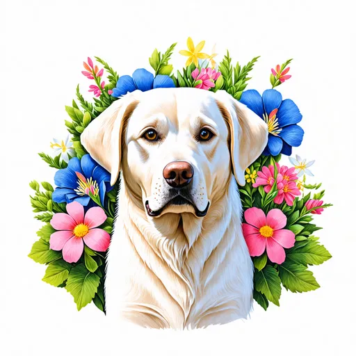 Prompt: Cute white labrador retriever, surrounded by flowers, pastel tones, semi-realistic, flat illustration, colored pencil drawing, sketch