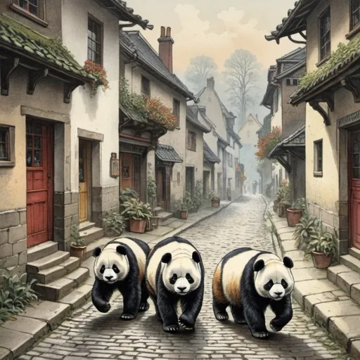 Prompt: pandas walking down cobblestone street, English engraving circa 20th century,colorful,romanticism