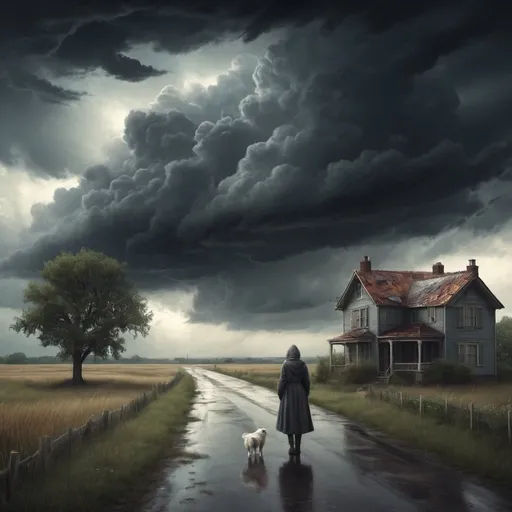 Prompt: leaving home, sad, gloomy scene, nostalgia, loneliness, storm clouds, fantasy art, 