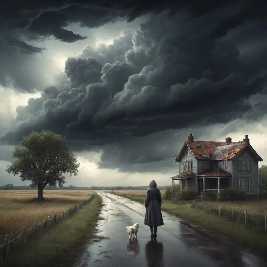 Prompt: leaving home, sad, gloomy scene, nostalgia, loneliness, storm clouds, fantasy art, 