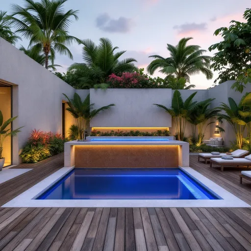 Prompt: Uma piscina retangular de 4x5 metros localizada em um quintal privativo, cercada por paredes modernas de concreto com acabamento sofisticado. A piscina possui um bar molhado integrado, com um balcão elegante de pedra e quatro bancos submersos de inox, alinhados perfeitamente. A água é cristalina, refletindo a iluminação suave do ambiente. O deck ao redor é feito de madeira rústica, com algumas espreguiçadeiras confortáveis e plantas tropicais para um toque aconchegante. Luzes LED submersas iluminam a piscina, criando um efeito relaxante ao entardecer. O cenário transmite um ambiente luxuoso e convidativo para lazer."