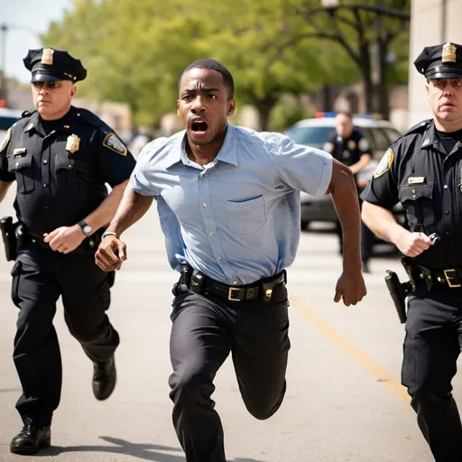 Prompt: Black man running away from cops