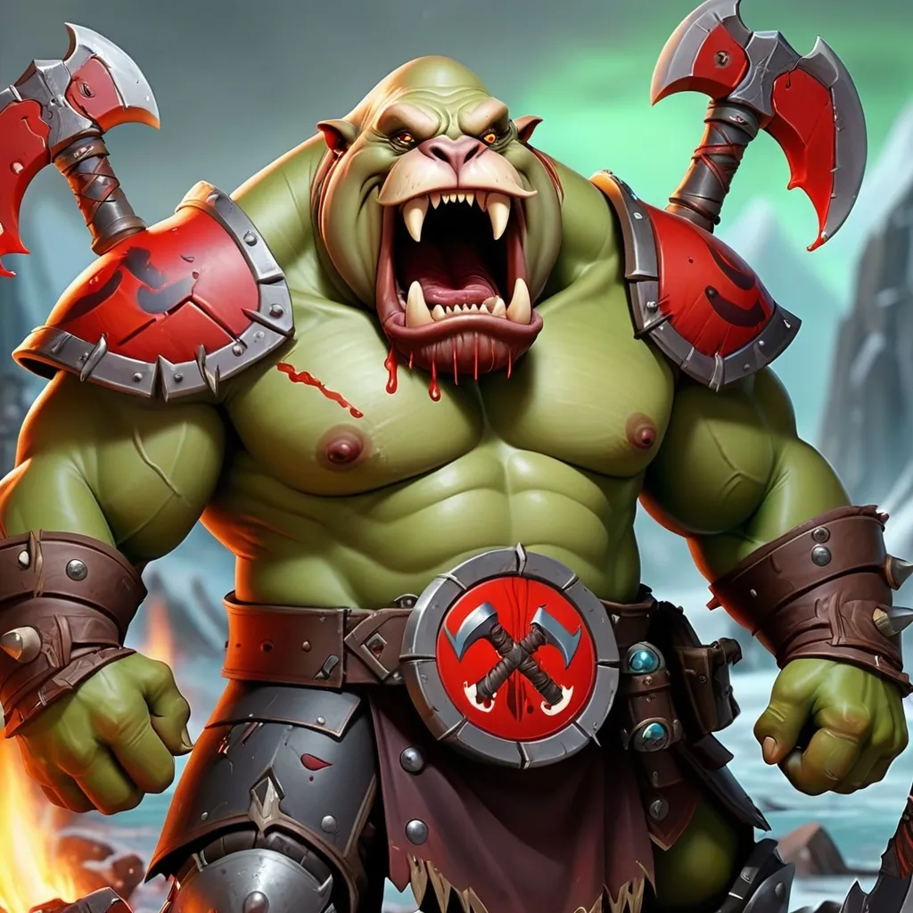 Prompt: A hysterically laughing walrus has full brown body and smouldering green eyes. He hands two double-handed bleeding axes and wears full armour plate of orc warrior from the Horde from the game World of Warcraft. On his belt is forged the red symbol of the Horde