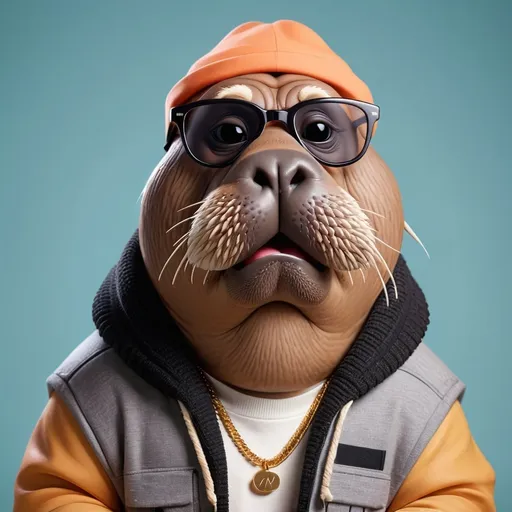 Prompt: Cute walrus with black glasses and clothes of rap singer