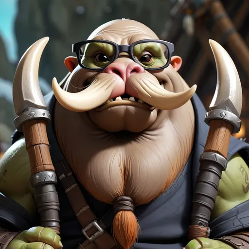 Prompt: Cute smiling walrus with two tusks is wearing black glasses and clothes of orc warrior from World of Warcraft