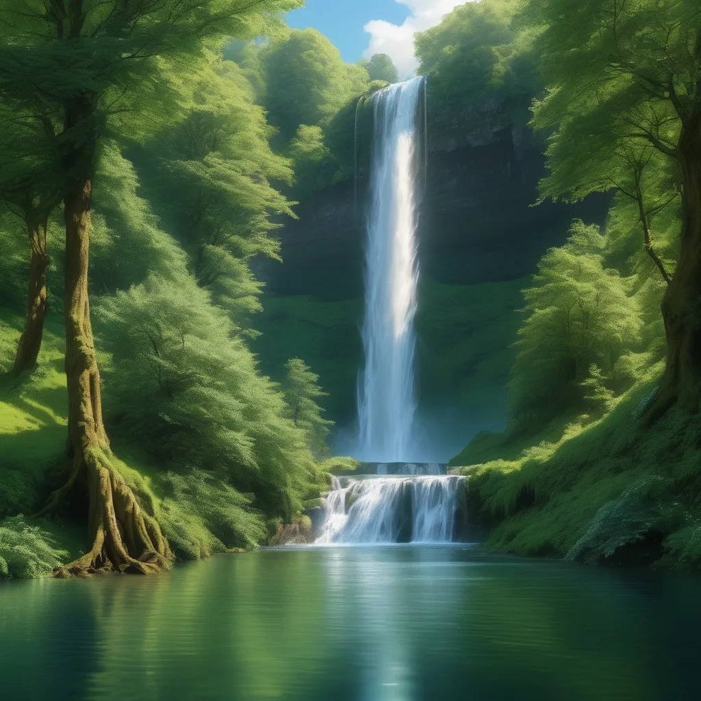 Prompt: waterfall, trees, UK, high quality
