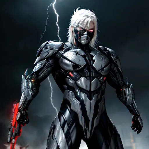Prompt: Raiden with electrifying lightning, high quality, blood splatter, metallic mask, futuristic metal gear, intense and rugged, action-packed, dramatic lighting, cybernetic ninja, dynamic pose, intense gaze, detailed armor, realistic blood, highres, intense, cyberpunk, metallic, dramatic lighting, futuristic design, action-packed