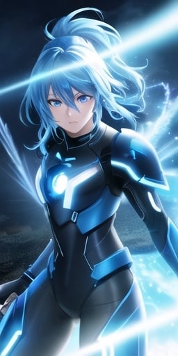 Prompt: 4k, glowing blue hair, full face, female, glowing blue eyes, battle suit, lightning, detailed facial features, sci-fi, futuristic, anime, intense lighting, highres, glowing hair, advanced technology, full body