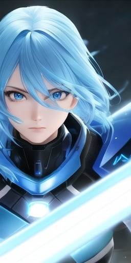 Prompt: 4k, glowing blue hair, full face, female, glowing blue eyes, battle suit, lightning, detailed facial features, sci-fi, futuristic, anime, intense lighting, highres, glowing hair, advanced technology