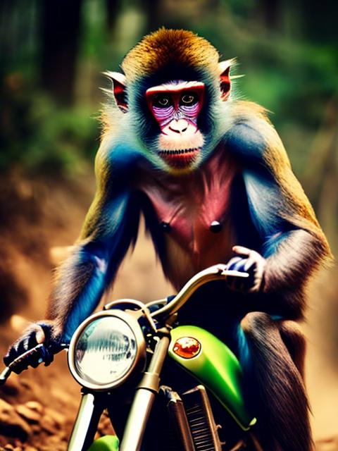 Prompt: Yamaha 80 motorbike riding monkey, dusty off-road terrain, vibrant colors, detailed fur with natural textures, focused gaze, vintage style, warm tones and natural lighting, high quality, detailed, vintage, off-road, natural fur texture