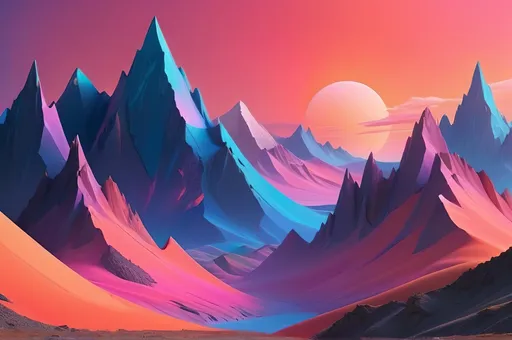 Prompt: A futuristic landscape with abstract mountains and vibrant gradient sky in shades of light pink, orange, and blue