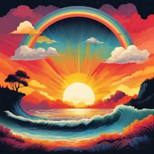 Prompt: une illustration de paysage contrastant le soleil brillant 🌞 et un arc-en-ciel vibrant 🌈 d'un côté, avec de sombres nuages d'orage ⛈️ et des vagues agitées de l'autre côté. Au centre, une silhouette résolue 💪, représentant la force et la détermination face aux épreuves de la vie. Cette image pourrait capturer l'idée de surmonter les tempêtes et les défis tout en restant fort et résilient.