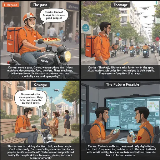 Prompt: 📖 HQ – Carlos, o Motoboy em 2035

Quadro 1 – O passado
📍Cena: Carlos em sua moto, entregando uma pizza com sorriso no rosto.
🗨️ Cliente: “Valeu, Carlos! Sempre rápido e gente boa!”
📑 Legenda: Carlos era motoboy. Entregava de tudo: documentos, alimentos, encomendas… sempre com atenção, cuidado e simpatia.

⸻

Quadro 2 – A mudança
📍Cena: Uma rua com drones sobrevoando e motos autônomas circulando. Carlos observa preocupado.
🗨️ Carlos (pensando): “Essas máquinas estão tomando todas as entregas…”
📑 Legenda: Em 2035, drones e motos autônomas assumiram grande parte das entregas.

⸻

Quadro 3 – O esquecimento
📍Cena: Carlos em casa, olhando o celular vazio, sem pedidos nos aplicativos.
🗨️ Carlos: “Ninguém pede mais por mim… parece que esqueceram que existo.”
📑 Legenda: Os aplicativos deixaram de chamar Carlos. O contato humano parecia não ter mais valor.

⸻

Quadro 4 – Reflexão
📍Cena: Carlos sentado no banco da praça, vendo um drone entregar uma sacola para uma pessoa.
🗨️ Carlos (pensando): “A tecnologia é eficiente, mas… quem pergunta como foi o dia do cliente?”
📑 Legenda: Carlos percebeu que máquinas entregam pacotes, mas não entregam humanidade.

⸻

Quadro 5 – O futuro possível
📍Cena: Carlos em uma sala moderna, treinando jovens motoboys e explicando rotas em um sistema digital.
🗨️ Carlos: “A tecnologia apoia, mas precisamos de pessoas para pensar, cuidar e liderar.”
📑 Legenda: Com adaptabilidade, inteligência emocional e conhecimentos tecnológicos, Carlos encontrou um novo papel: formar e liderar equipes na logística do futuro.