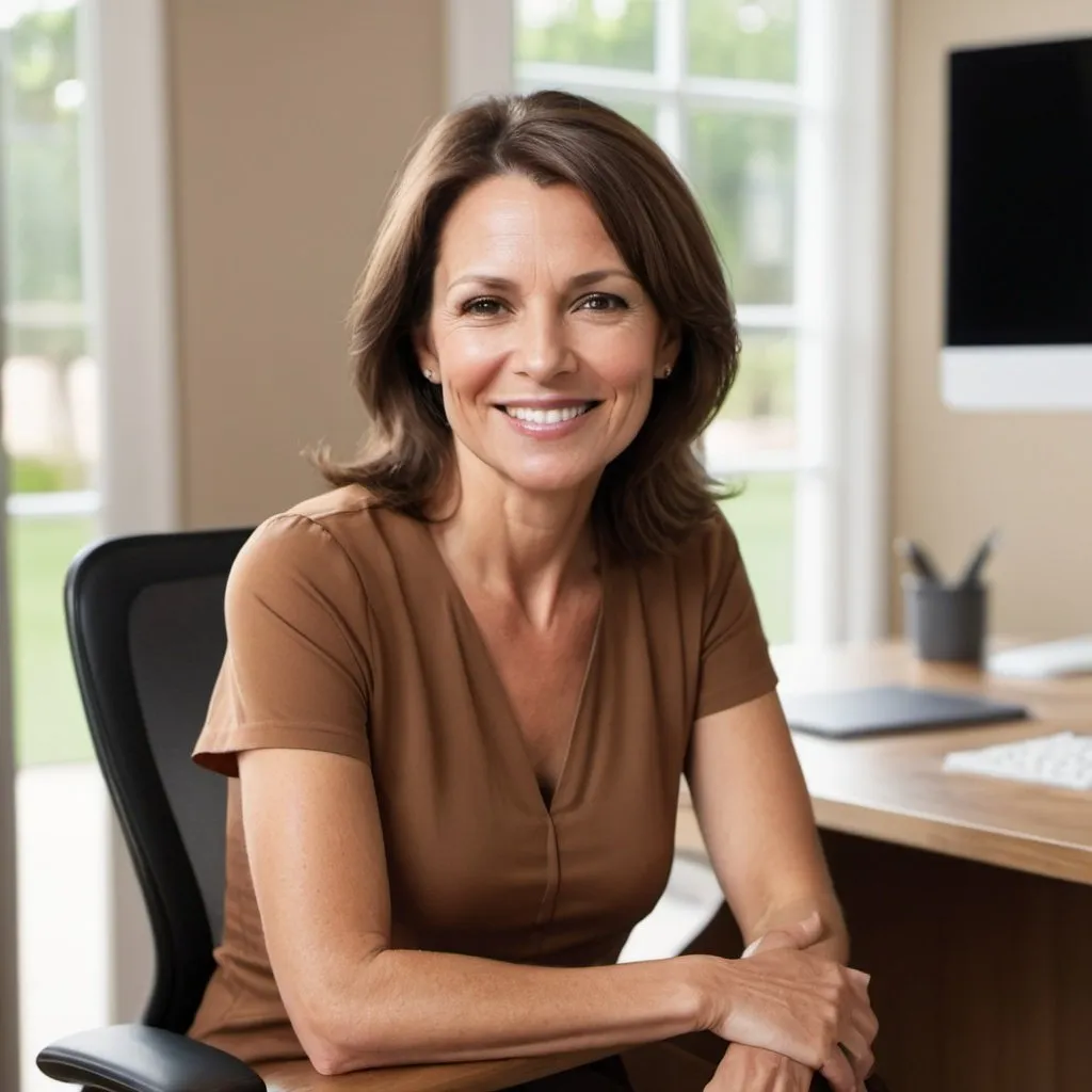 Prompt: A middle aged woman sitting alone facing forward.  Medium length brown hair and light tanned skin tone.  The background is a home office with contemporary design and natural lighting.  The woman is smiling slightly.  