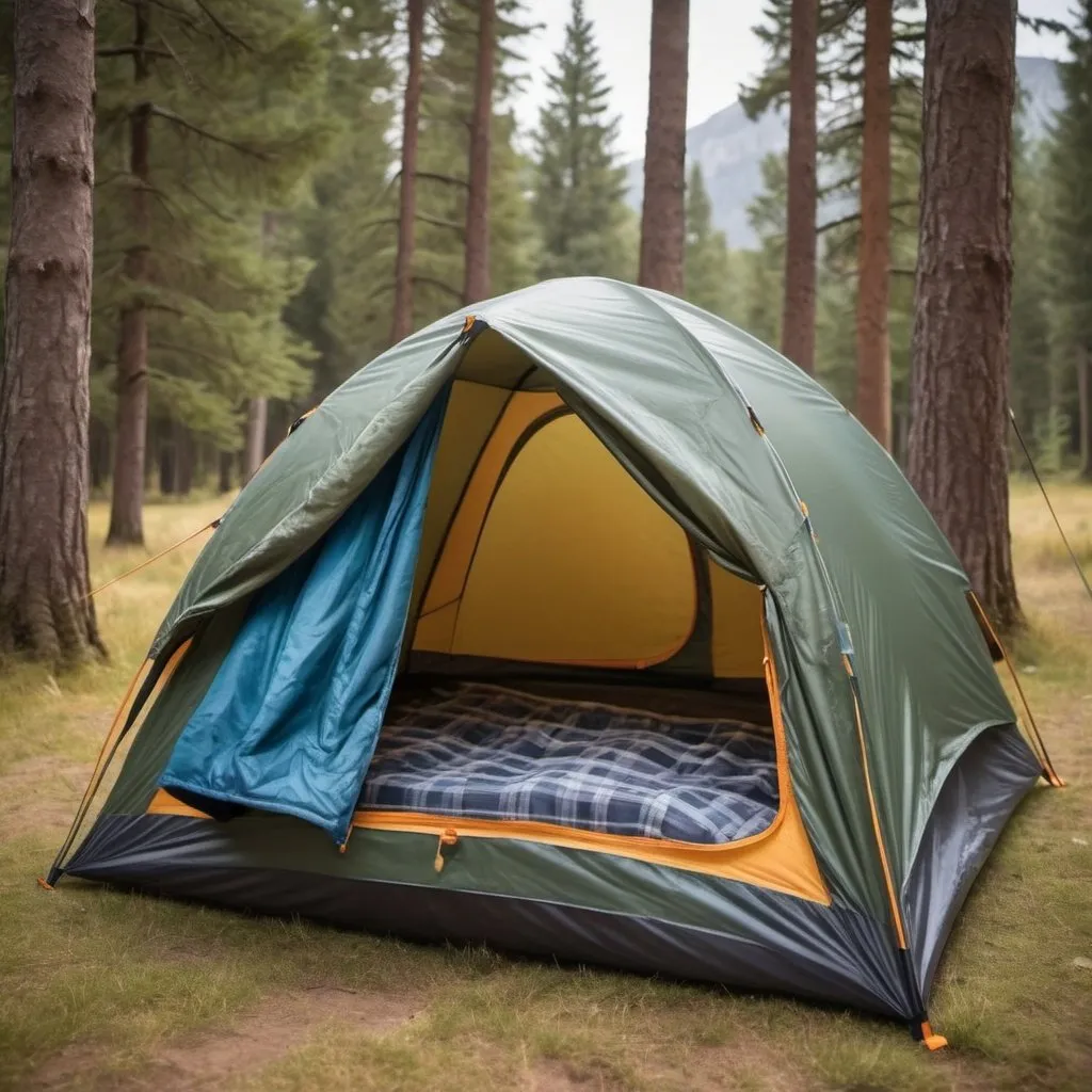 Prompt: Create an image of a camping tent that can fit 4-6 people that has sleeping bags built in the base of the tent