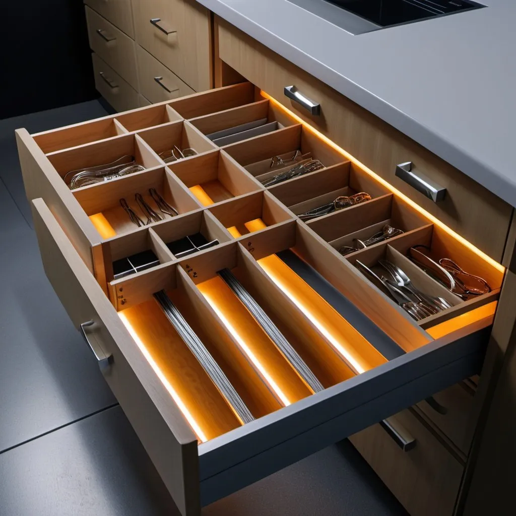 Prompt: Generate images of a drawer with 
dividers that have various dimensions, with fluorescent led lights on the dividers
