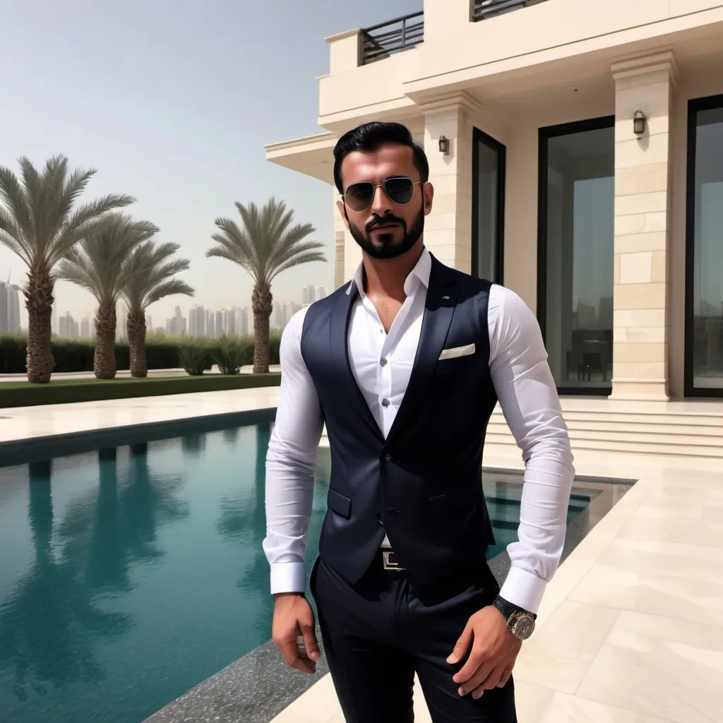 Prompt: Create photo with a man who has just bought a luxurious villa in Dubai and make him really handsome;