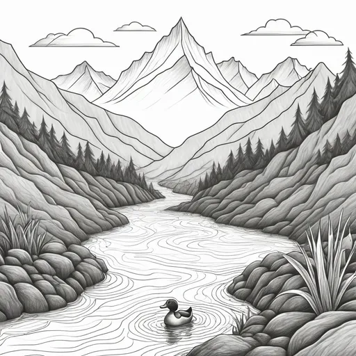 Prompt: A duck swimming up a stream
in a mountain range drawing 2d