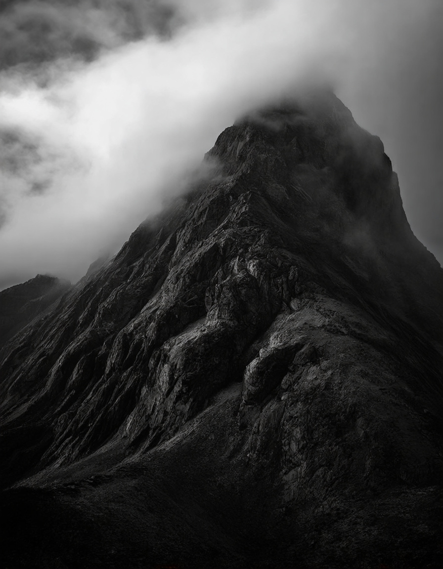 Prompt: A dramatic black and white landscape featuring a towering mountain peak partially shrouded in swirling clouds. The contrast between the dark, jagged rock formations and the soft, misty clouds creates an eerie and mystical atmosphere. The scene captures the raw beauty of nature, emphasizing the grandeur of the mountain against a moody sky filled with textured, billowing clouds.