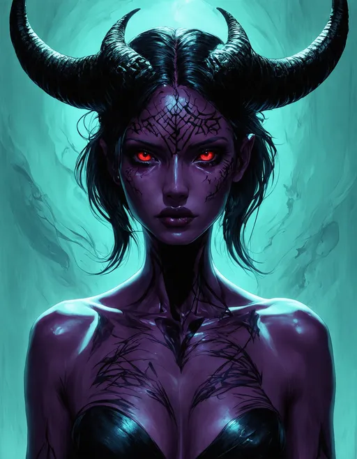 Prompt: Create an illustration of a mysterious female figure with large, curved horns and striking red eyes. Her skin is a deep purple, and she has a sleek, elongated neck. Intricate, dark patterns and scars adorn her face and neck, adding an air of danger and allure. The background should be ethereal and abstract, featuring shades of light turquoise and swirling patterns to enhance her otherworldly presence. The overall mood should be dark and enchanting, evoking a sense of intrigue and mystery.