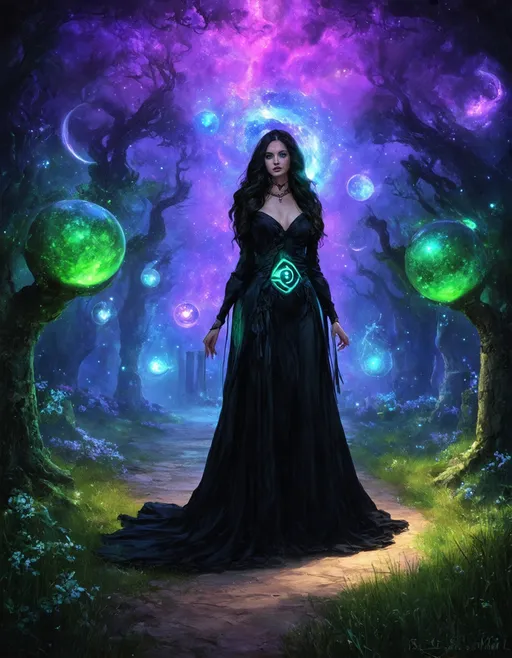 Prompt: A mystical, fantasy scene featuring a captivating sorceress in a dark, elegant gown adorned with glowing symbols. She stands tall in a surreal landscape filled with vibrant purple and green hues, surrounded by floating ghostly orbs and cosmic elements. The background features an ethereal forest with unique, bulbous trees and whimsical celestial bodies emitting a soft glow. In front of her, a luminescent structure with an eye at its center radiates energy, and ancient stone columns line the path, adding to the otherworldly atmosphere. The overall tone is enchanting and darkly whimsical, with a sense of magic and mystery.