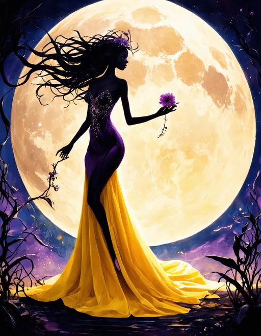 Prompt: A mystical, elegant figure stands tall under a large, glowing moon, with wild, flowing hair that appears almost ethereal. She wears a form-fitting gown that transitions from a deep purple at the top to a bright, sunny yellow at the bottom, adorned with intricate patterns. In one hand, she holds a delicate flower, while the other hand trails gently down, interacting with dark, curving vines that emerge from the ground around her. The background features soft, abstract shapes and splashes of color, creating a dreamlike atmosphere that contrasts with the boldness of her silhouette.