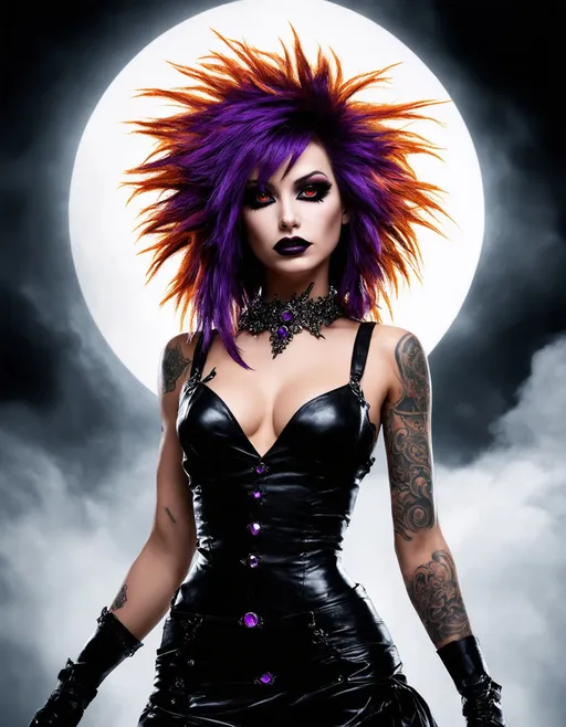 Prompt: Create a striking portrait of a gothic female figure with vibrant purple and fiery orange spiky hair. Her piercing red eyes exude a mysterious allure, and she has dark makeup accentuating her features. Adorn her with intricate tattoos on her arms and a lavish collar featuring ornate details and gemstones. She wears a revealing black leather outfit with purple accents, exuding confidence and allure. In the background, include a large full moon casting an eerie light, surrounded by swirling dark clouds, enhancing the gothic atmosphere.