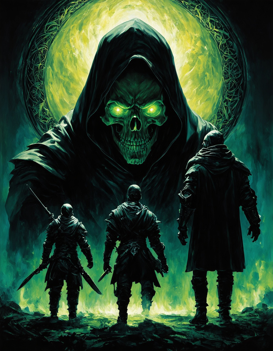 Prompt: Create a striking image of a menacing skull with glowing green eyes, surrounded by an ornate halo featuring intricate patterns. The background should blend from dark shades at the bottom to vivid, glowing colors at the top, adding an otherworldly atmosphere. In the foreground, include shadowy figures of two characters—one on the left holding a weapon and dressed in dark armor, and the other on the right, a silhouette of a cloaked figure. Emphasize a sense of supernatural energy and eerie tension in the scene.