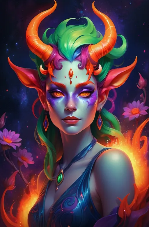 Prompt: A vibrant and mystical portrait of a fantasy character with striking features, including glowing green skin and multicolored hair in shades of red and orange. The character has unique horns and ethereal flowers adorning their head. Their eyes are captivating, one resembling fiery flames and the other a deep blue, set against a swirling cosmic background of rich purples and blues. The character wears ornate jewelry and a dark, detailed collar that enhances their magical appearance, creating an otherworldly and enchanting atmosphere.