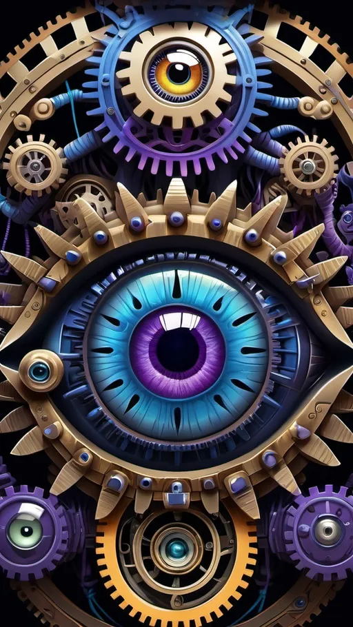 Prompt: Create a surreal illustration featuring a large, detailed eye at the center, with vibrant colors like blue and purple. Surround the eye with intricate mechanical elements, resembling gears and wires, that form a menacing creature. The creature should have sharp fangs and a sinister expression, incorporating an additional smaller eye within its design. The background should be subtle to emphasize the eye and the creature, with a blend of soft and striking colors to enhance the surreal, otherworldly atmosphere.