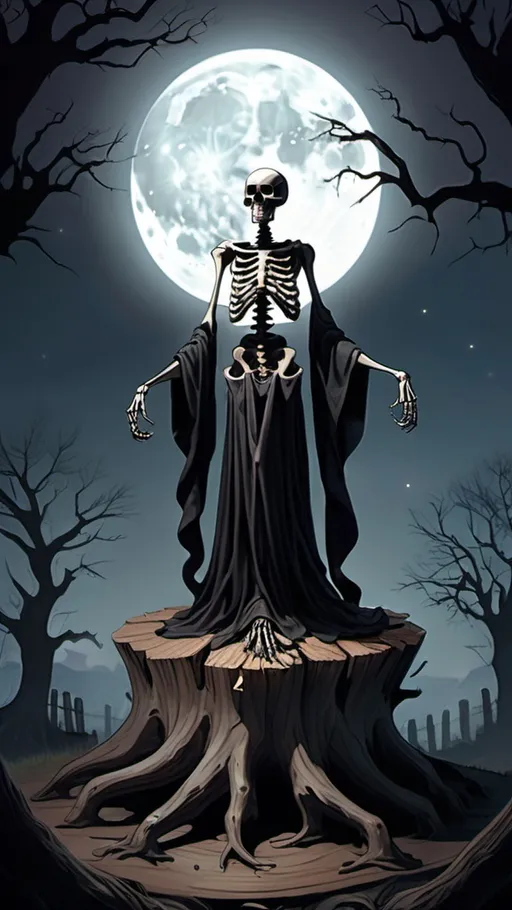 Prompt: A dark and eerie illustration of a skeletal figure resembling a deity, standing on a large tree stump. The figure is draped in flowing robes that swirl around it, with multiple arms extending outward in various poses. Behind it, a large full moon illuminates the sky, casting a haunting glow. In the foreground, a shadowy black cat sits at the base of the stump, adding to the ominous atmosphere. The landscape is desolate, featuring rolling hills and sparse vegetation, all rendered in shades of black and white to enhance the macabre feel.