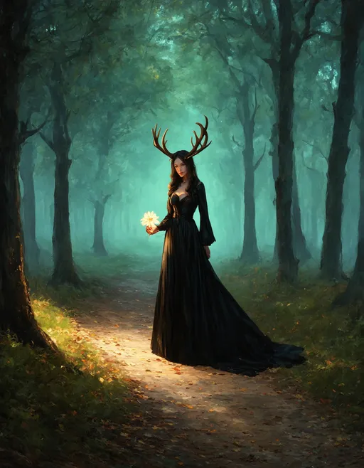 Prompt: A mysterious figure with antler-like horns stands on a winding path in an enchanted forest, surrounded by tall, dark trees. The atmosphere is ethereal, with soft, greenish light filtering through the canopy, casting dappled shadows on the forest floor covered in autumn leaves. The figure wears a flowing black gown and holds a glowing flower, which illuminates the scene. The background fades into a hazy mist, creating a sense of intrigue and magic in this otherworldly setting.