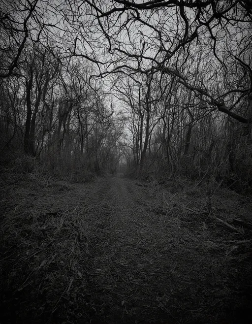 Prompt: A hauntingly desolate forest scene in monochrome, featuring twisted, bare branches reaching overhead, creating a tangled web of shadows. The ground is littered with dry foliage and fallen branches, leading into a dimly lit pathway that disappears into the depths of the woods. The atmosphere is eerie and serene, evoking a sense of solitude and mystery in a stark, wintery landscape.