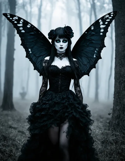 Prompt: A striking gothic figure stands in a misty, enchanted forest. She has long, dark hair adorned with large, black butterfly wings and intricate roses. Her face is painted white with dark, dramatic makeup featuring bold eyeliner and piercing green eyes that glow with an ethereal light. The outfit is elaborate, with ruffled black lace and ornate jewelry, creating a hauntingly beautiful appearance. The background is shrouded in fog, enhancing the mystical and eerie atmosphere.