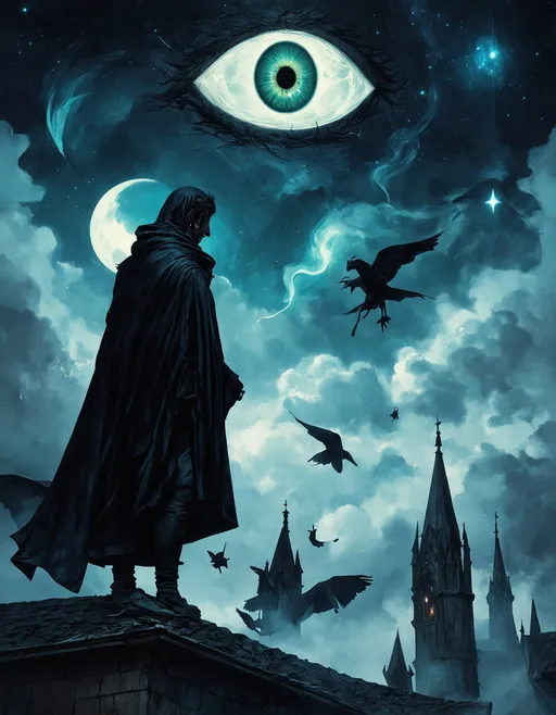 Prompt: A mystical scene featuring a towering figure in a dark cloak standing on a rooftop, surrounded by swirling, ethereal clouds. Above, an enormous, all-seeing eye floats amidst a backdrop of eerie, pale moons and whimsical stars. Various abstract shapes and fantastical creatures, including a green eye and graceful birds, emerge from the swirling mist. Gothic-style architecture with pointed towers and intricate details are seen in the foreground, enhancing the mysterious and enchanting atmosphere. The color palette consists of deep blues, blacks, and hints of green and white, creating a surreal and dreamlike quality.