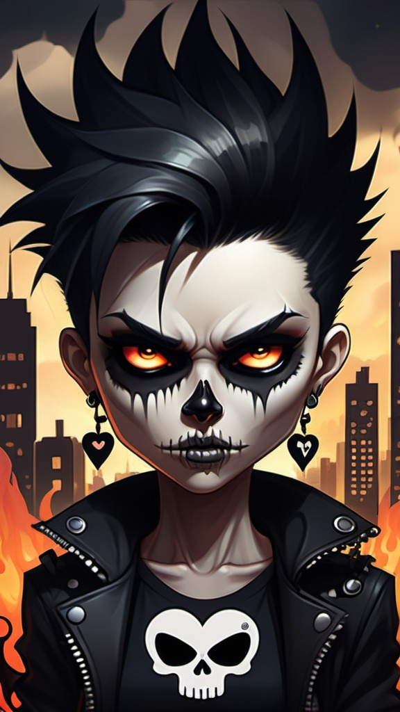 Prompt: Create an illustration of a stylized character with a skull face, large expressive round eyes, and a punk rock-inspired hairstyle featuring spiky black hair. The character wears a dark dress and has a glowing heart-shaped pendant in the center of their chest. The background depicts a city skyline engulfed in flames, with dark clouds and a dramatic atmosphere, enhancing the eerie and gothic vibe. The character stands confidently, conveying a mix of whimsy and darkness.