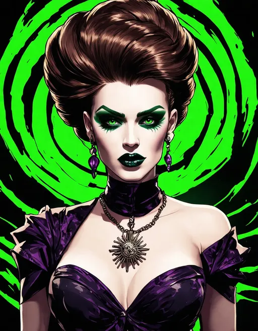 Prompt: Create a vibrant and detailed illustration of a gothic-inspired woman with dramatic makeup. She has striking green eye shadow, sharp cheekbones, and dark lips. Her hair is styled in an elaborate updo with rich brown and purple tones, featuring an edgy side shave. She wears a stylish dark outfit with intricate patterns, complemented by unique jewelry, including a necklace with a sunburst pendant. The background should be a swirling green design that enhances the mystical and rebellious vibe of the character.