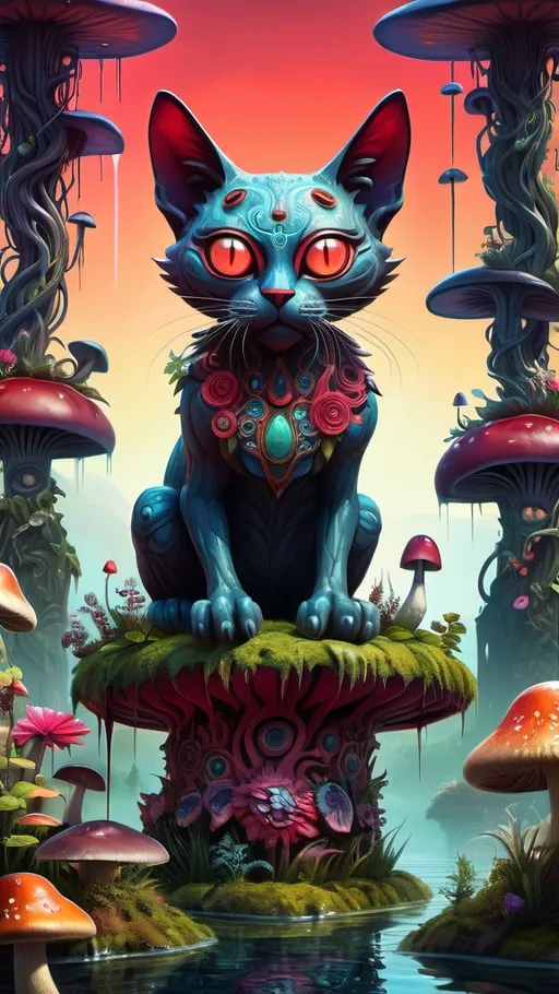 Prompt: A surreal, towering creature resembling a cat with large, expressive eyes sits atop a vibrant and colorful totem covered in various plants and eerie details. The totem is adorned with mushrooms, flowers, and vines, blending elements of fantasy with nature. At the base, a pool of deep red liquid flows into the water below, creating a stark contrast against the serene landscape. The background features wide, green fields with geometric patterns, under a moody, cloudy sky. Emphasize the whimsical and mysterious atmosphere of the scene.