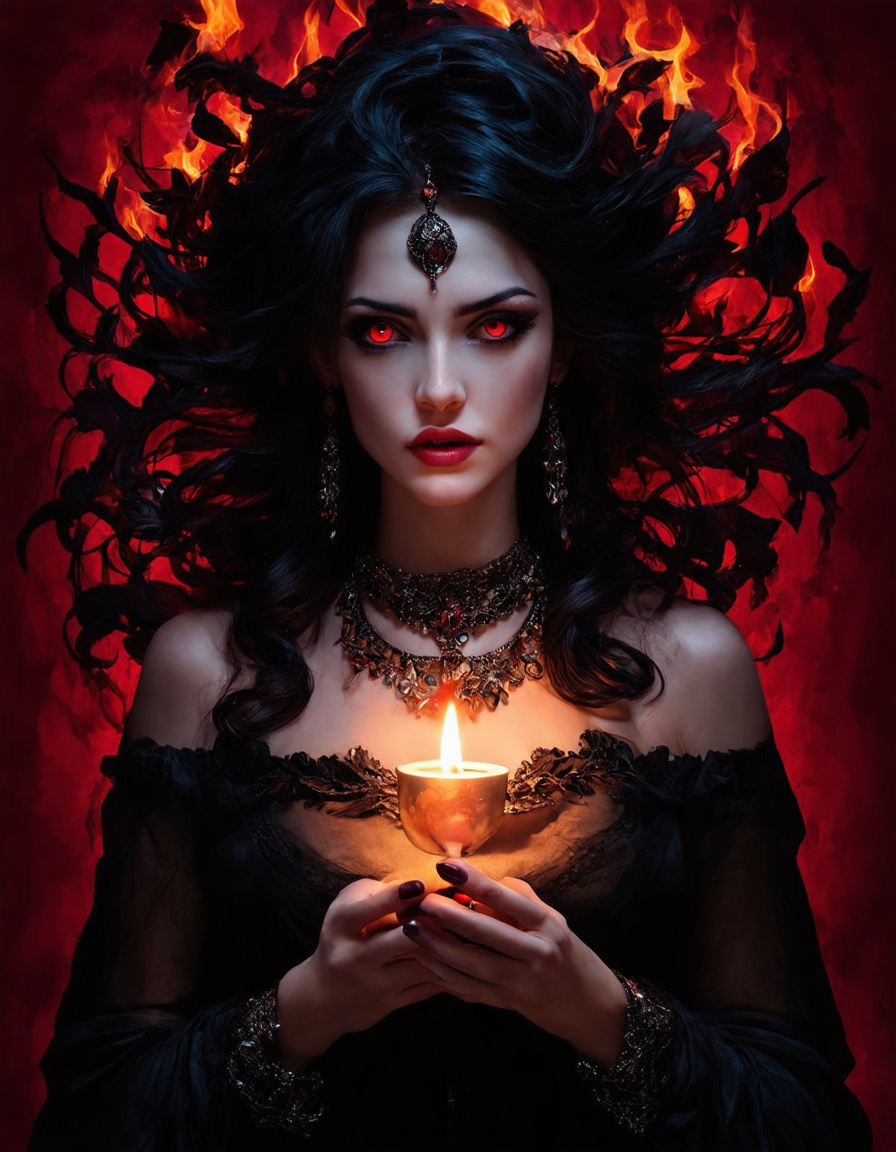 Prompt: Create a mystical and captivating portrait of a dark, enigmatic woman with striking red eyes and intricate, swirling black hair that resembles flames. She wears detailed, ornate jewelry and has a pale complexion that contrasts with her dark attire. The background is a deep crimson with shadowy floral elements. In her hands, she cradles a small, glowing flame, symbolizing both power and mystery. The overall atmosphere should be one of intrigue and a touch of the supernatural, with a bold, surreal art style reminiscent of high fantasy.