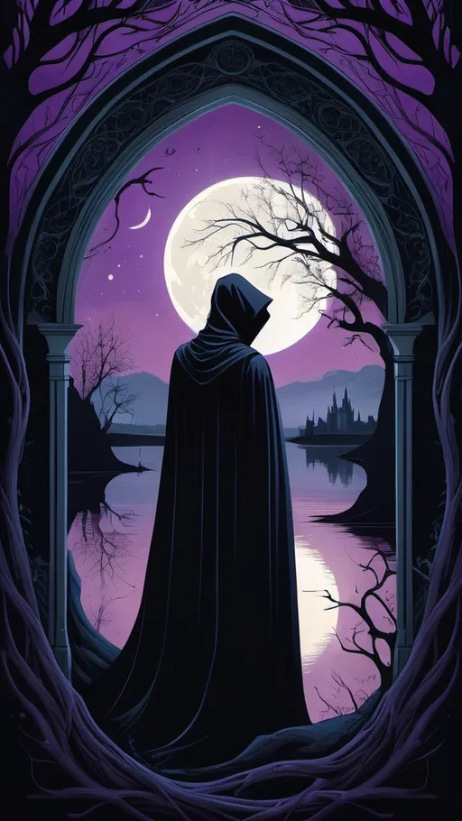 Prompt: Create an illustration of a mysterious silhouette of a figure shrouded in a long, flowing black cloak. The figure stands in an impressive archway adorned with intricate, twisting branches and patterns. Behind them, a surreal landscape features a glowing, mystical lake, dark spires rising like gothic castles, and a vibrant purple full moon casting an ethereal light. The foreground should emphasize the elegance of the figure, showcasing detailed designs on their cloak that blend with the enchanting backdrop, creating an overall atmosphere of dark fantasy and mystery.