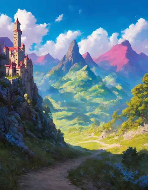 Prompt: A vibrant, stylized landscape featuring a dramatic mountain range with bold, exaggerated colors. In the foreground, a smooth, winding path leads towards a towering, intricately designed castle perched atop a rugged cliff. The sky is a striking gradient of blues and greens, dotted with fluffy white clouds. The mountains in the distance are painted in soft purples and pinks, creating a fantastical atmosphere. The overall composition conveys a sense of adventure and mystery.