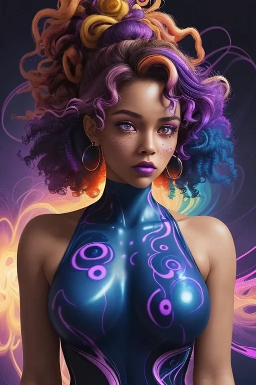 Prompt: A digitally rendered portrait of a woman with vibrant curly hair styled in a bun. She has striking, multicolored skin tones blending shades of blue and purple, with a mysterious expression. The background is an abstract explosion of bright reds, oranges, and yellows, creating a dynamic contrast. Soft glowing stars and swirling patterns add a dreamy, ethereal quality to the scene. The overall tone is surreal and artistic.