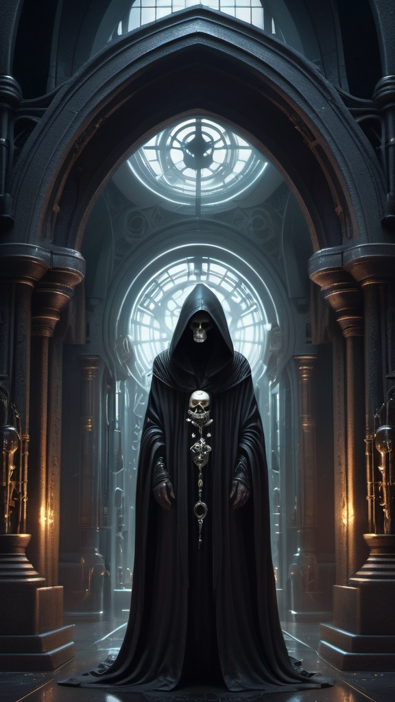 Prompt: A dark, ominous figure cloaked in a flowing hooded robe stands in a gothic, futuristic setting. The figure has a detailed skull face, evoking a sense of mystery and foreboding. Its body is intricately designed, showcasing a biomechanical style with metallic textures and glowing elements. The background features towering, ornate arches and sophisticated machinery, creating an atmosphere blending science fiction and dark fantasy. The lighting casts dramatic shadows, enhancing the eerie aura of the scene.