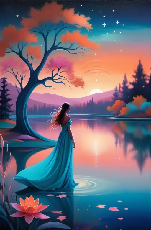 Prompt: A mystical landscape featuring a graceful figure in a flowing gown standing serenely at the edge of a tranquil lake. The backdrop is a vibrant sunset with hues of orange and dark blue, creating a dramatic contrast. Surrounding the figure are whimsical stylized trees and plants in shades of turquoise and pink, adding an enchanted feel to the scene. Stars twinkle in the sky above a large, dark moon, casting a magical glow over the entire composition. The overall tone is ethereal and dreamlike, with intricate patterns framing the image.