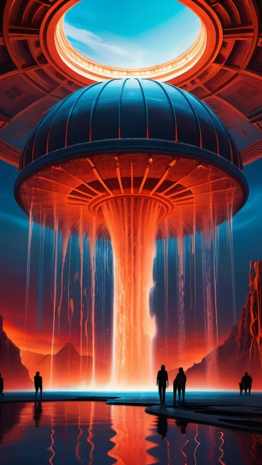 Prompt: A surreal landscape featuring a massive, futuristic structure resembling a giant, glowing dome with intricate patterns at the center. The backdrop is an intense gradient of red and orange hues, suggesting a dramatic sky. Below the dome, a cascading waterfall of luminous blue water flows down, contrasting sharply with the fiery background. Silhouettes of people stand in the foreground, looking up towards the dome, while jagged, dark mountain formations frame the scene. Overall, the composition embodies a blend of science fiction and fantasy, evoking feelings of awe and mystery.