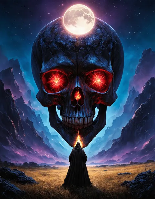 Prompt: A surreal landscape featuring a massive, ominous skull looming over a figure in the foreground. The skull has glowing red eyes and intricate patterns, with a crescent moon hovering above it. The background is a mystical blend of deep blues and vibrant purples, with abstract, ethereal shapes resembling mountains and wisps of energy. The figure, cloaked and small in scale, appears to be standing bravely before the skull, emanating a warm, golden light. The scene conveys a sense of adventure and the supernatural, inviting the viewer into a fantastical world.